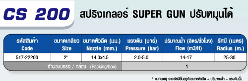 ตาราง CS 200 หัวสปริงเกลอร์ SUPER GUN